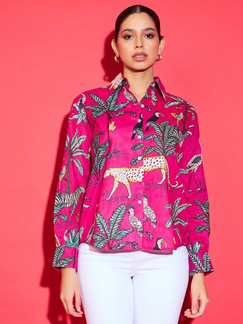 Women's Pink Casual Printed Regular Fit Shirt