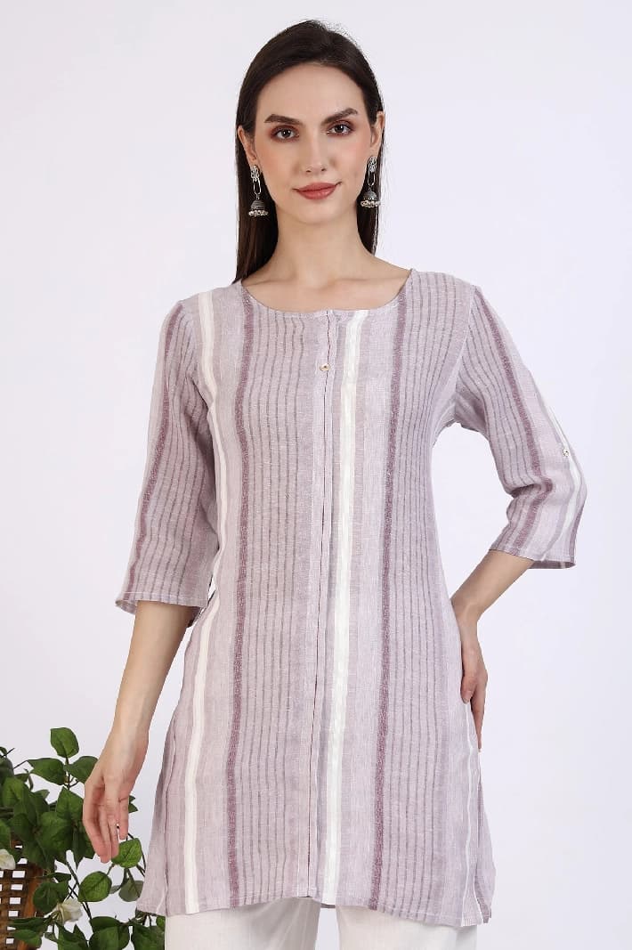 Women's Pink Casual Striped Regular Fit Kurti