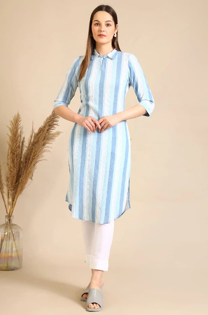 Women's Blue Casual Striped Regular Fit Kurta