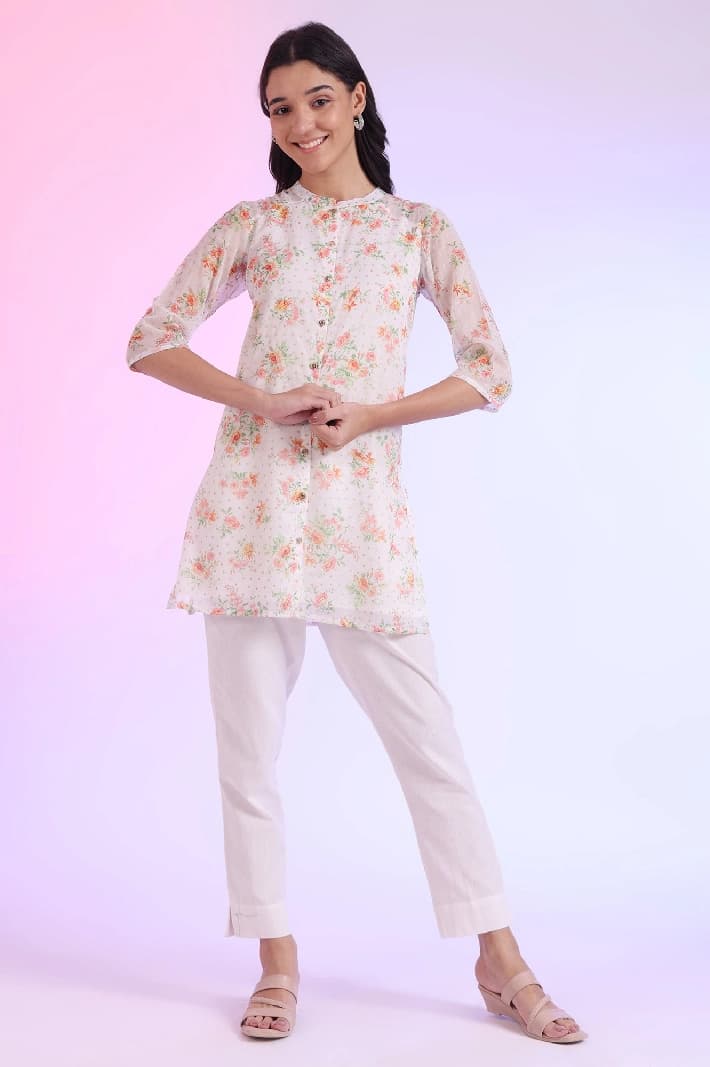Women's White Casual Printed Regular Fit Kurti