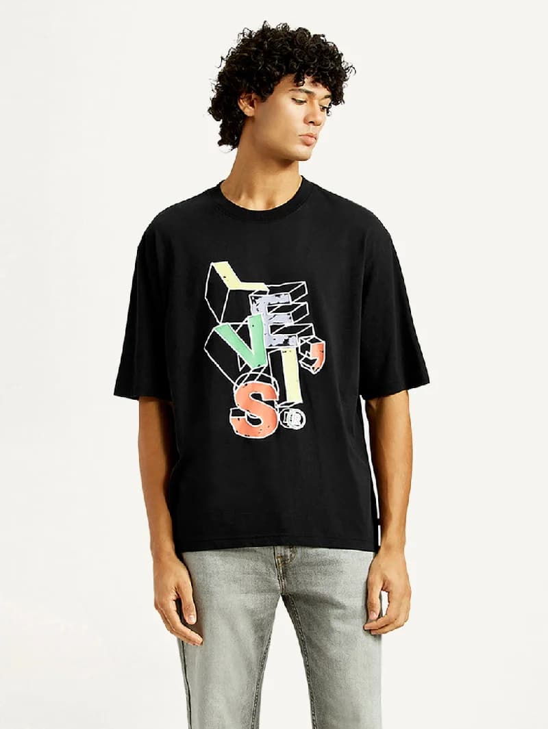 Men's Black Casual Printed Oversized Fit Tshirt