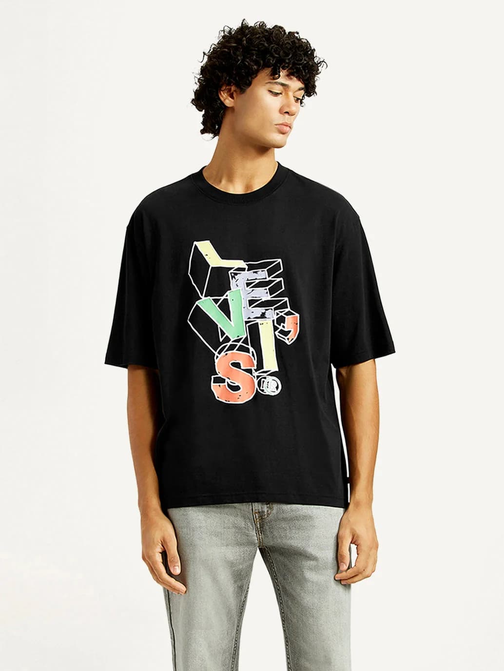Men's Black Casual Printed Oversized Fit Tshirt