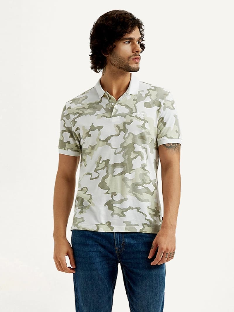 Men's White Casual Printed Slim Fit Polo Tshirt