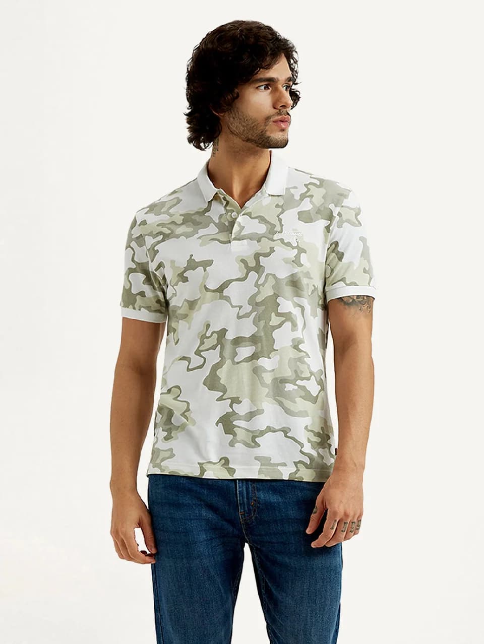 Men's White Casual Printed Slim Fit Polo Tshirt