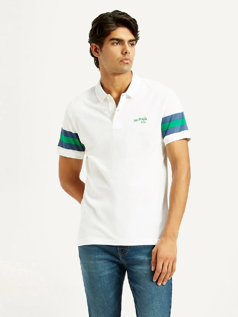 Men's White Casual Printed Slim Fit Polo Tshirt