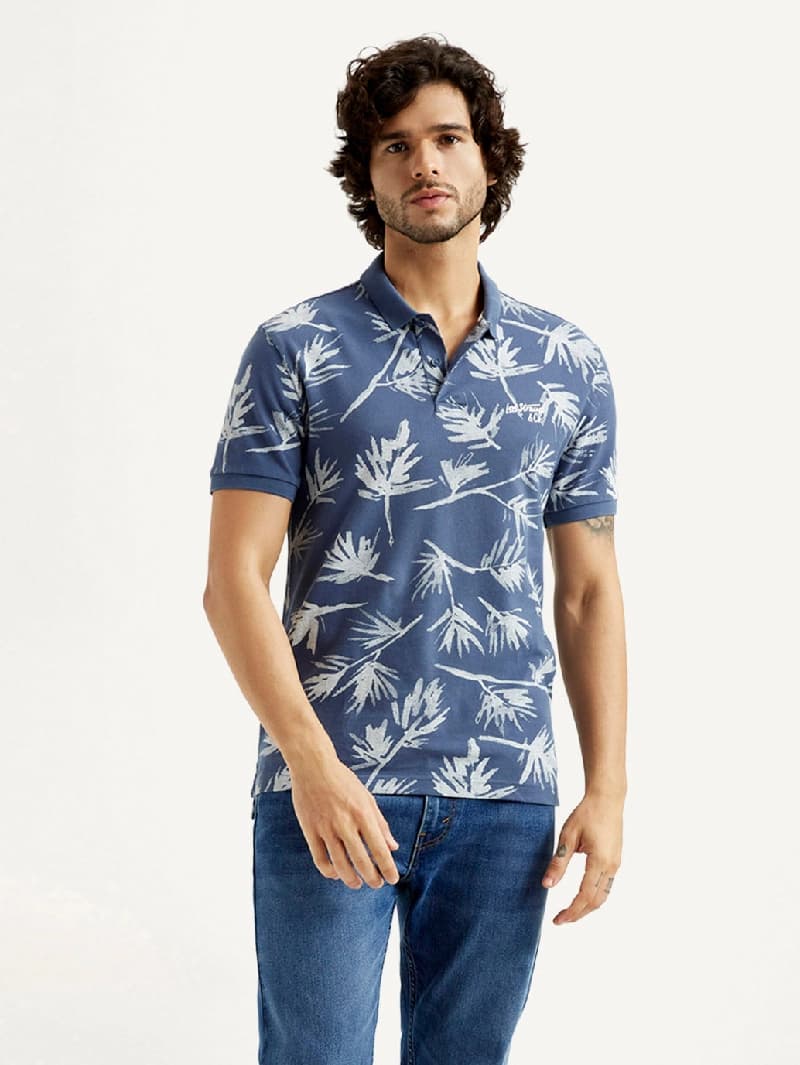 Men's Blue Casual Printed Slim Fit Polo Tshirt
