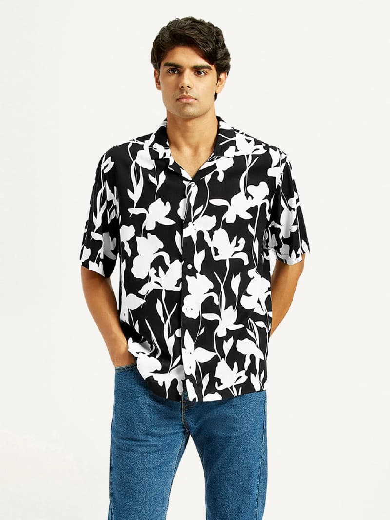 Men's Black Casual Printed Regular Fit Shirt