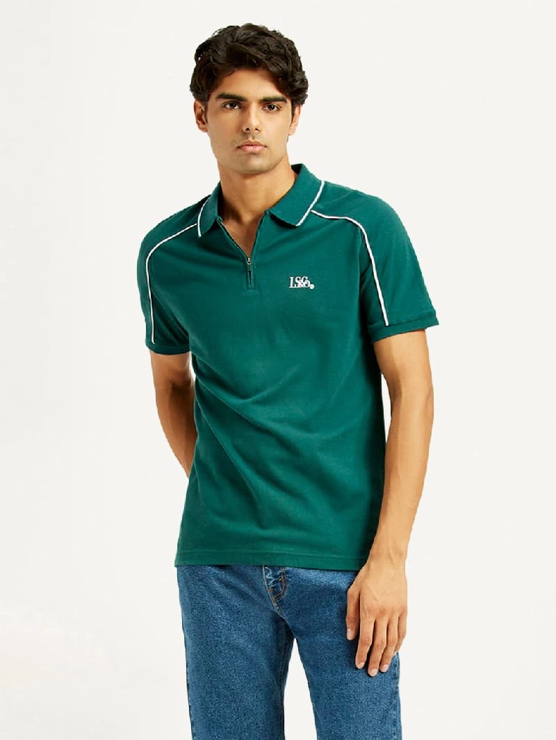 Men's Green Casual Printed Slim Fit Polo Tshirt