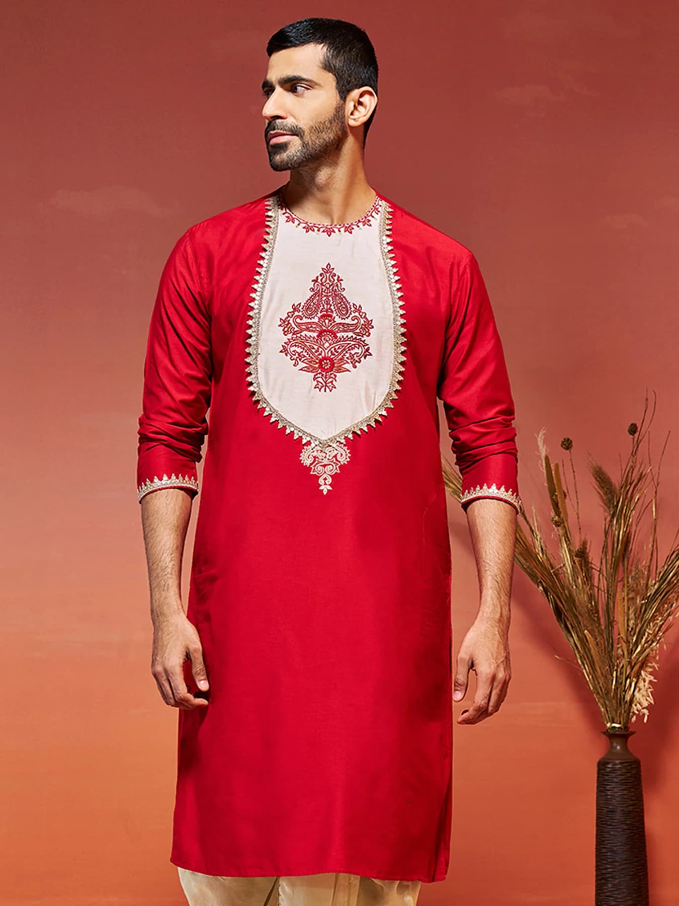 Men's Red Festive Printed Kurta