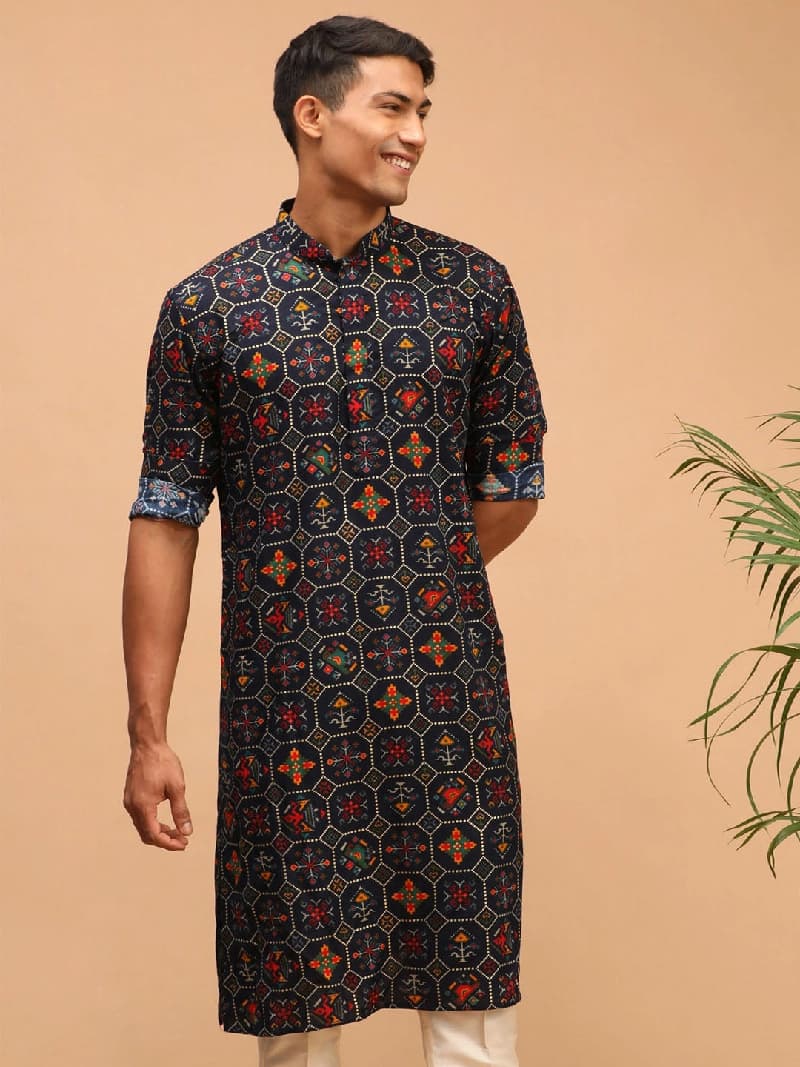 Men's Navy Festive Printed Kurta