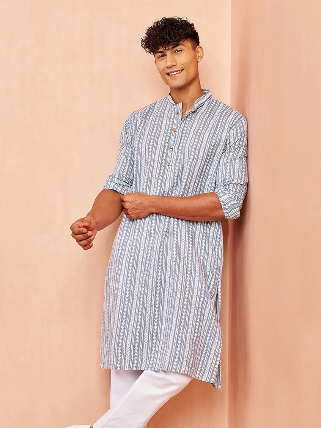 Men's Grey Festive Striped Cotton Kurta