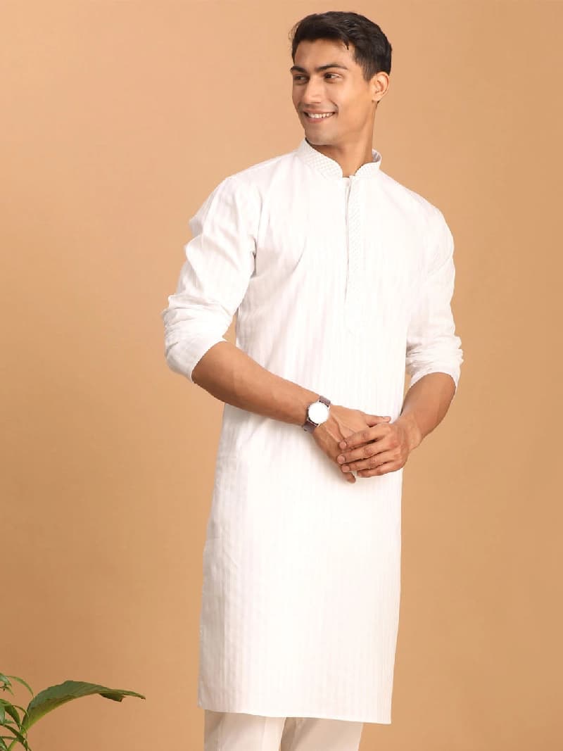 Men's White Festive Striped Kurta