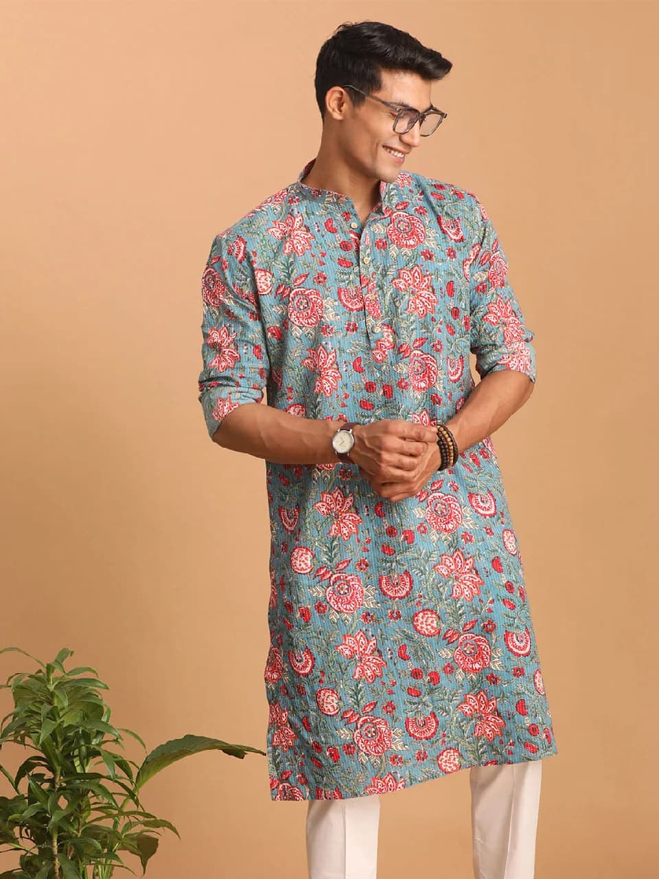Men's Blue Festive Printed Cotton Kurta