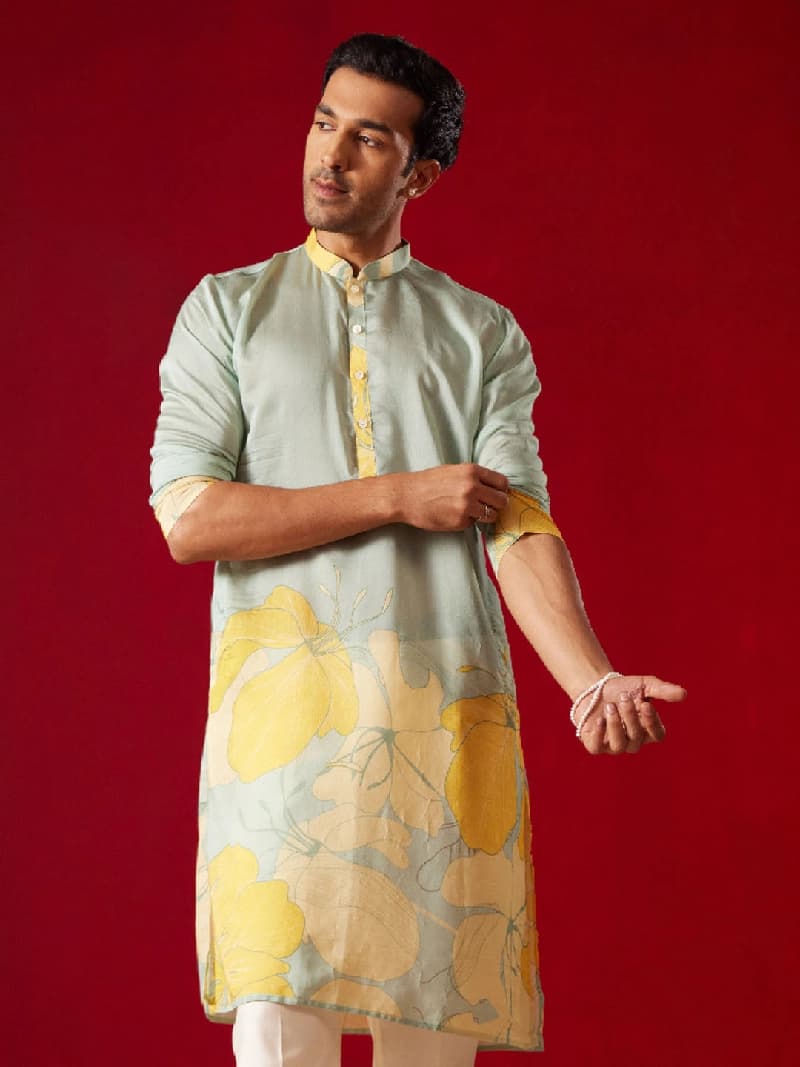 Men's Yellow Festive Printed Kurta