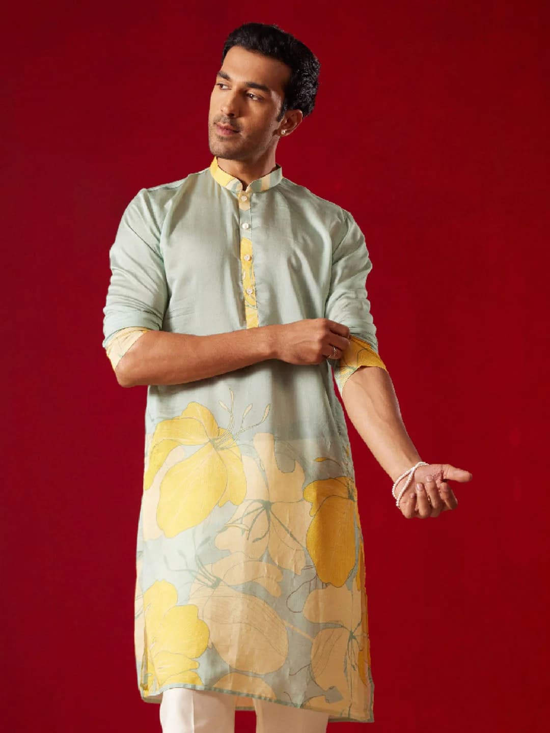 Men's Yellow Festive Printed Cotton Kurta