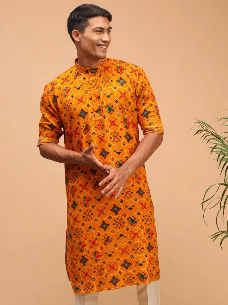 Men's Orange Festive Printed Kurta