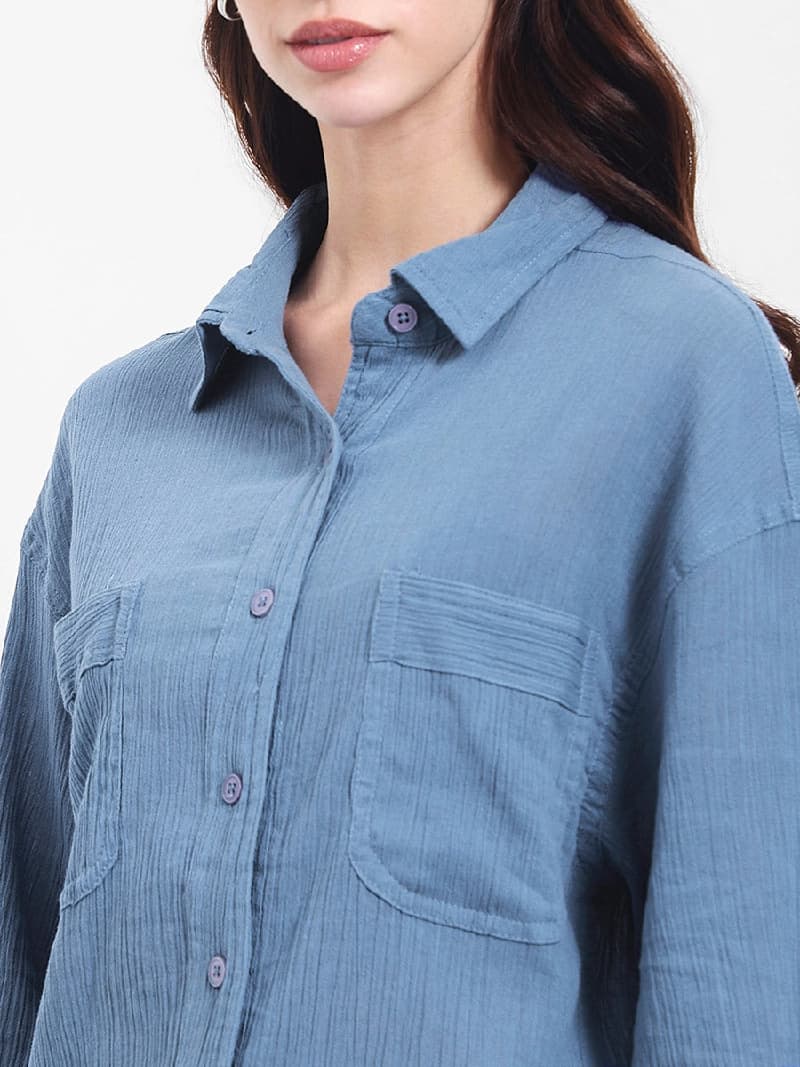Women's Blue Casual Oversized Fit Solid Full Sleeves Shirt