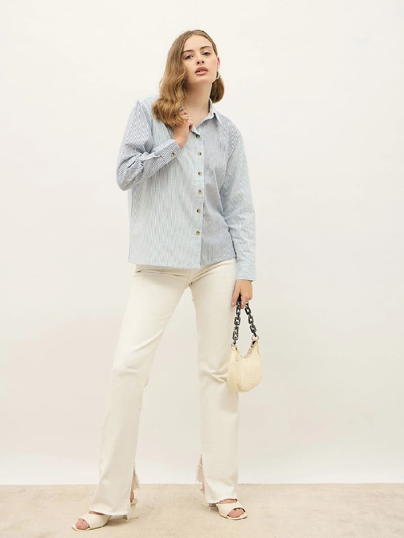 Women's Blue Casual Oversized Fit Striped Full Sleeves Shirt