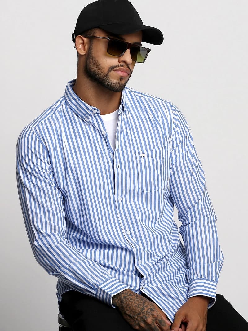 Men's Blue Casual Striped Slim Fit Cotton Shirt