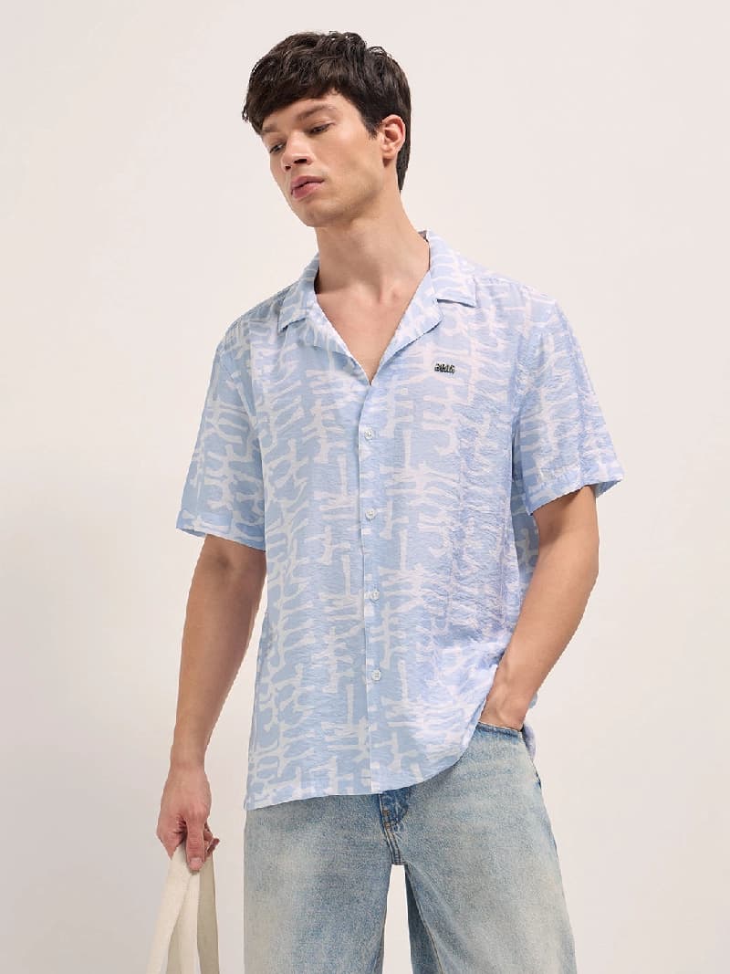 Men's Blue Casual Printed Regular Fit Shirt