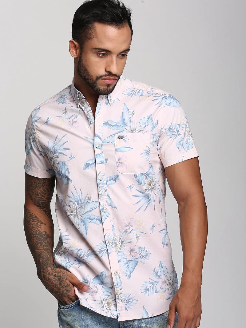 Men's Pink Casual Printed Slim Fit Shirt
