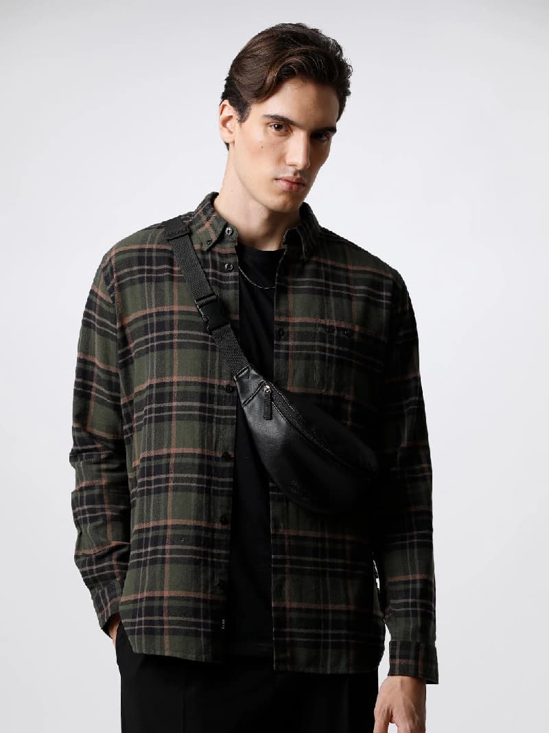 Men's Green Casual Checked Slim Fit Shirt