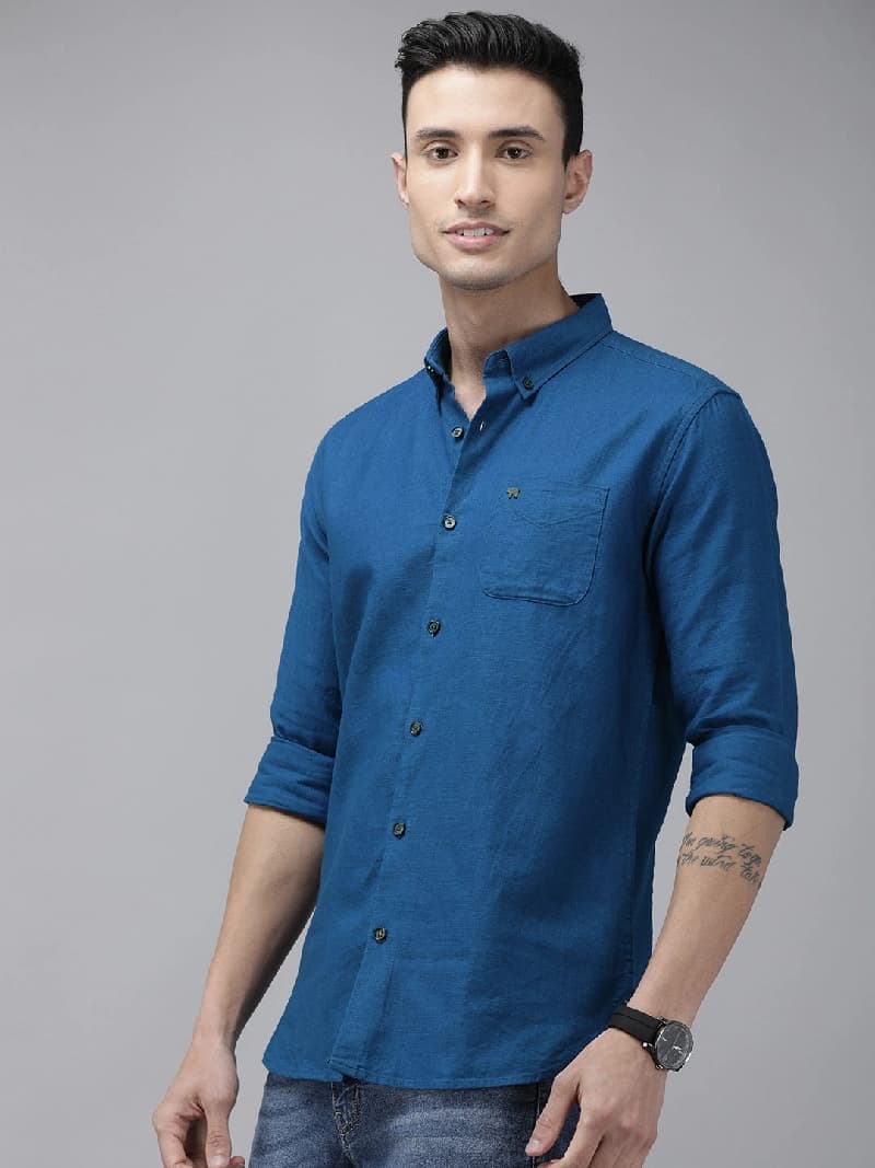 Men's Blue Casual Solid Slim Fit Shirt