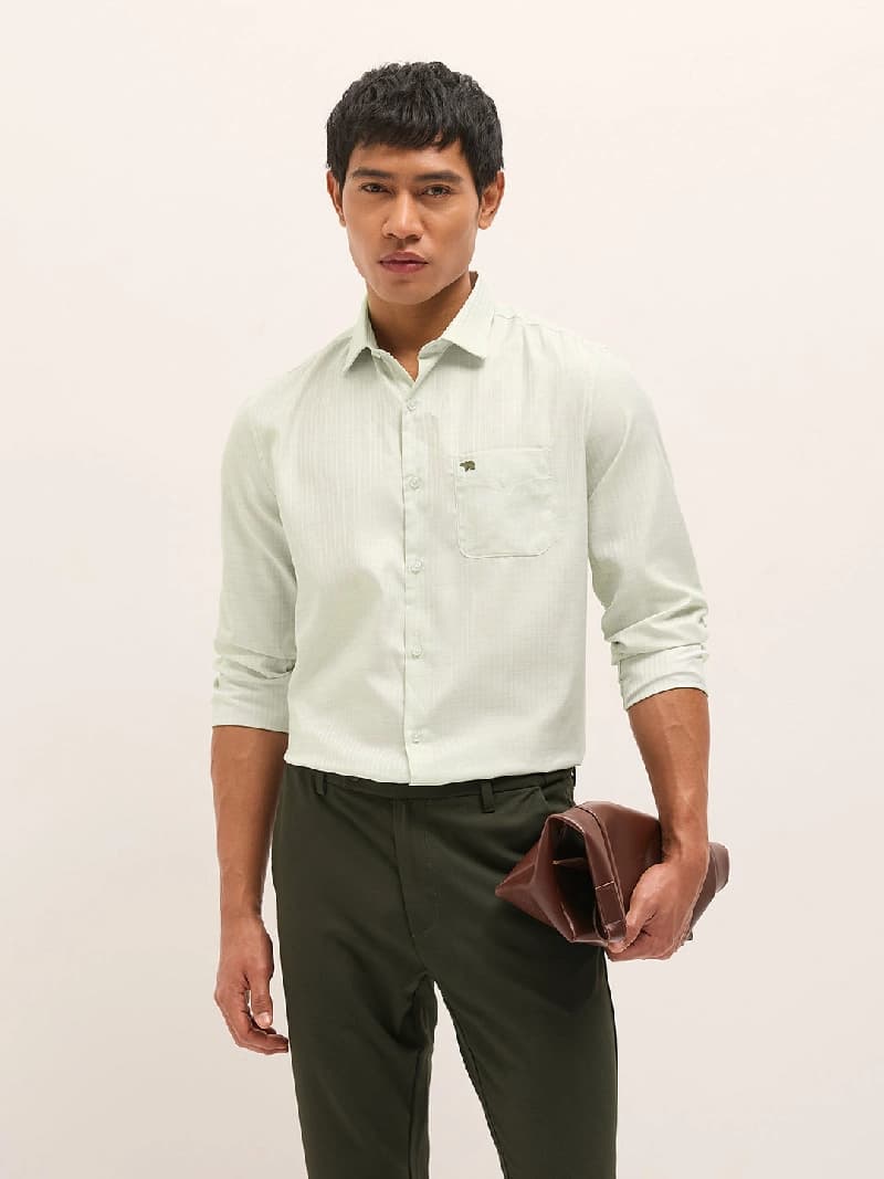 Men's Green Formal Striped Regular Fit Cotton Shirt