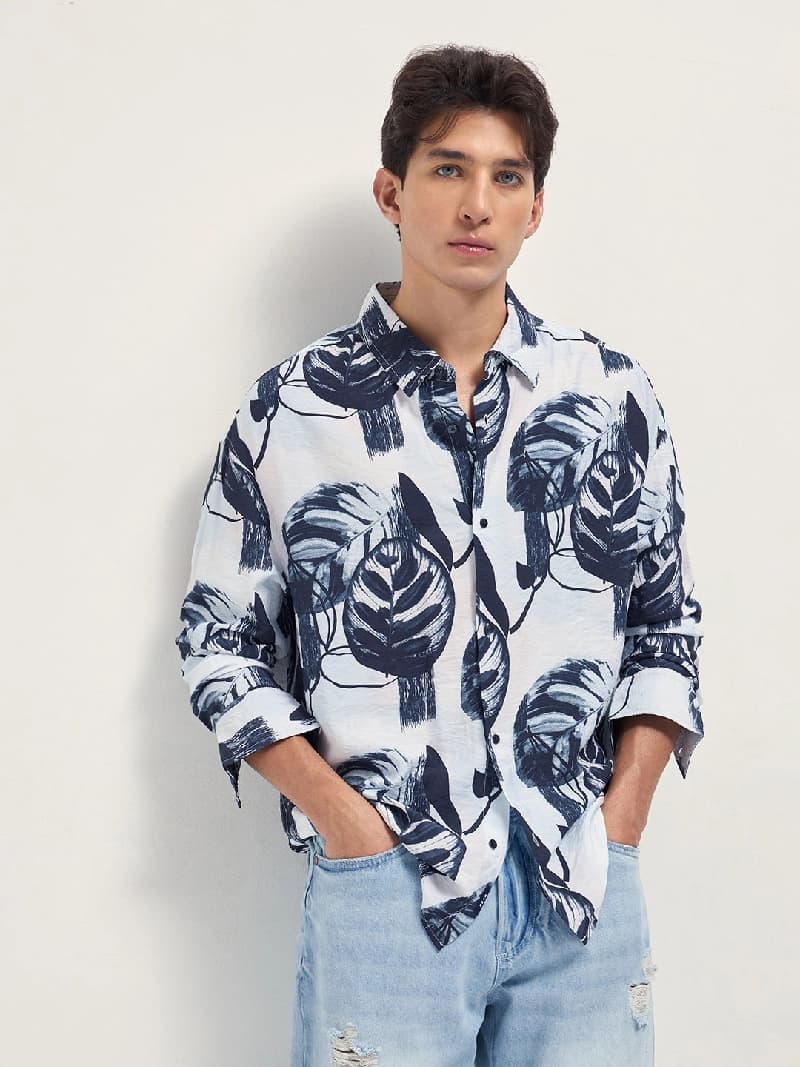 Men's Blue Casual Printed Regular Fit Shirt