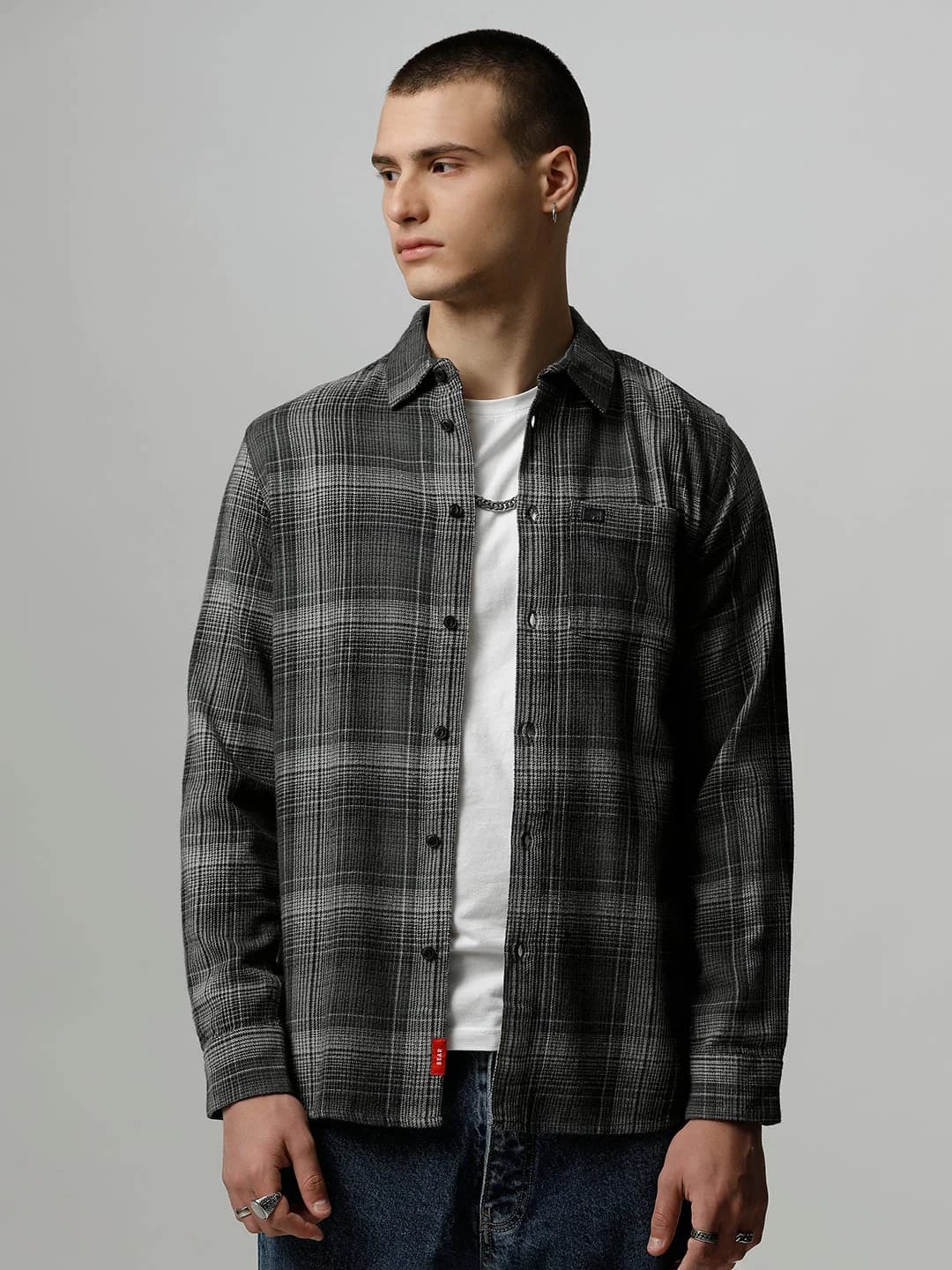Men's Grey Casual Checked Slim Fit Cotton Shirt
