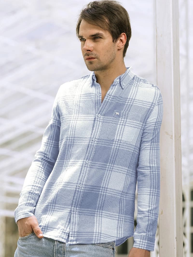 Men's Blue Casual Checked Slim Fit Shirt