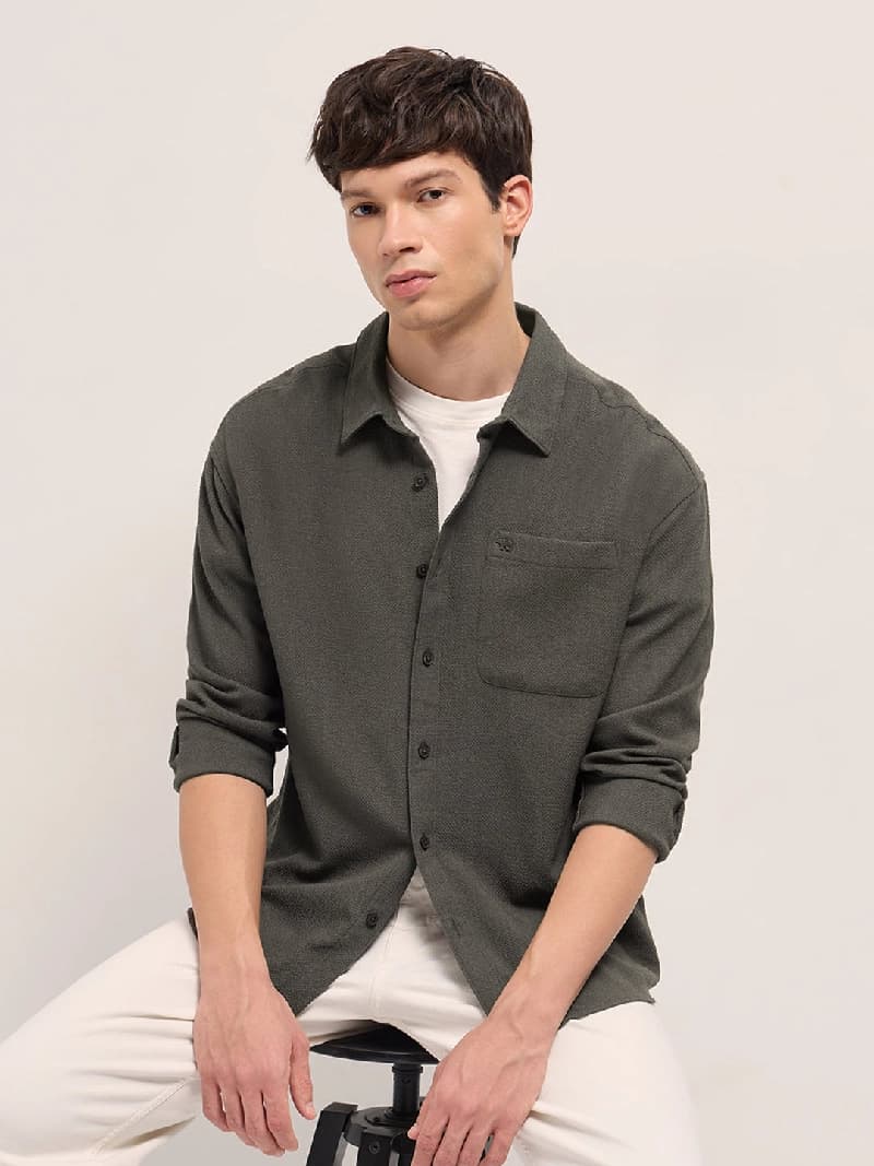 Men's Brown Casual Textured Regular Fit Shirt