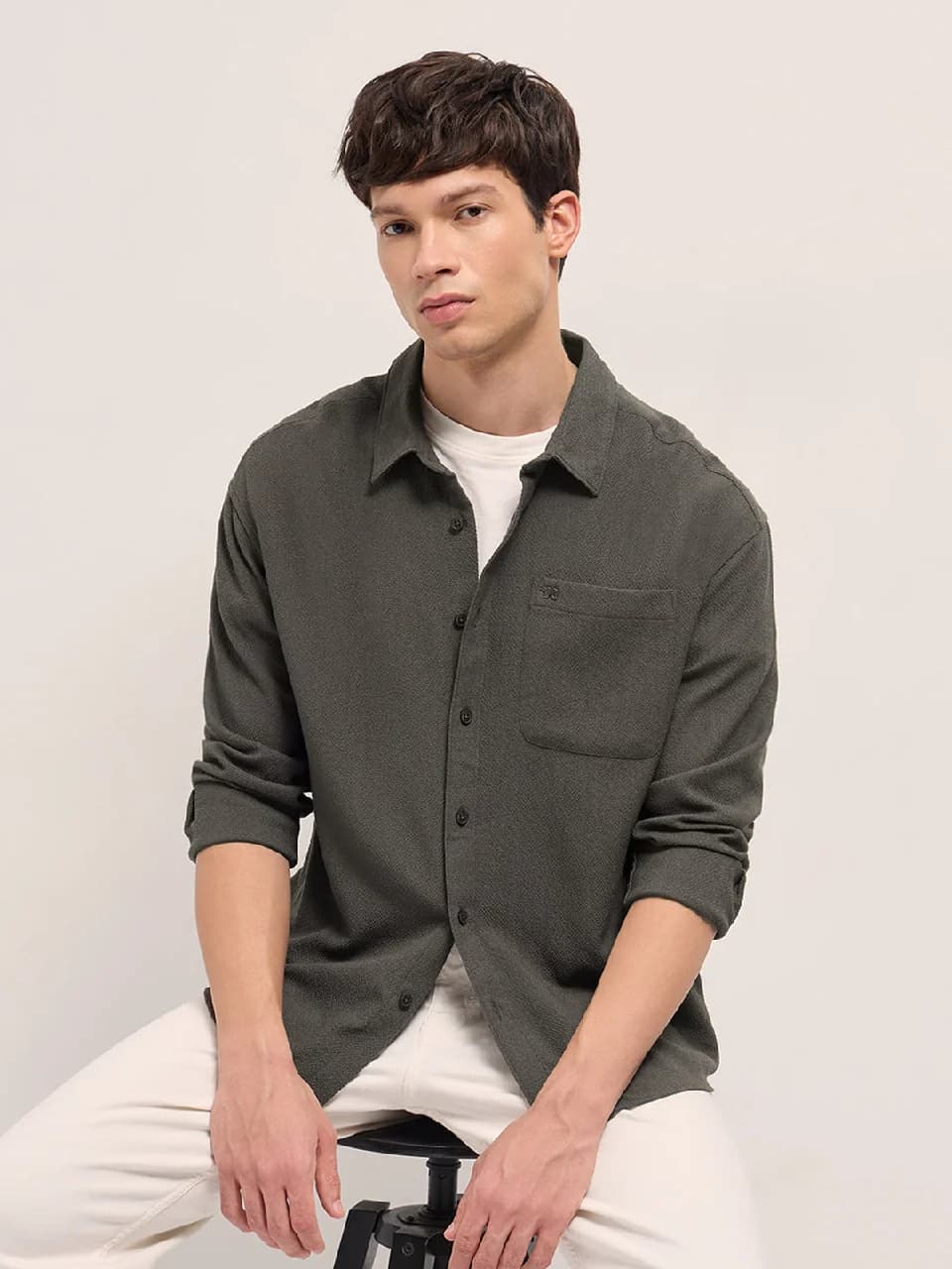 Men's Brown Casual Textured Regular Fit Shirt