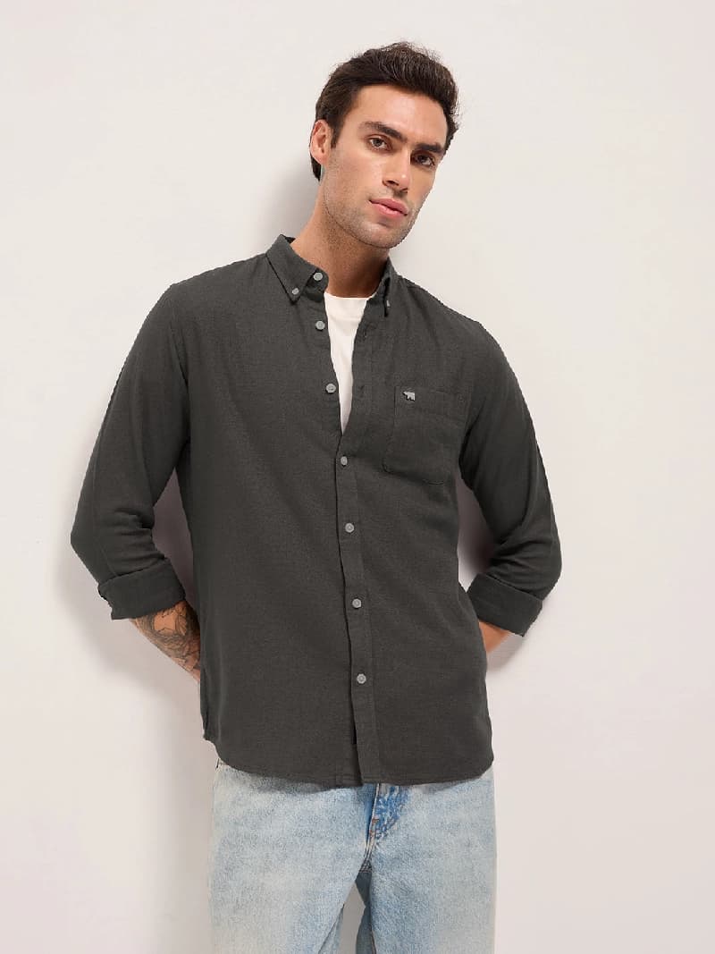 Men's Grey Casual Solid Slim Fit Shirt