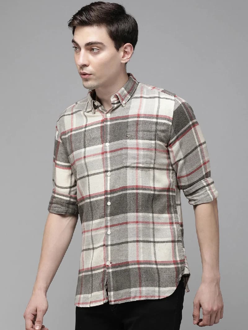 Men's Grey Casual Checked Regular Fit Shirt