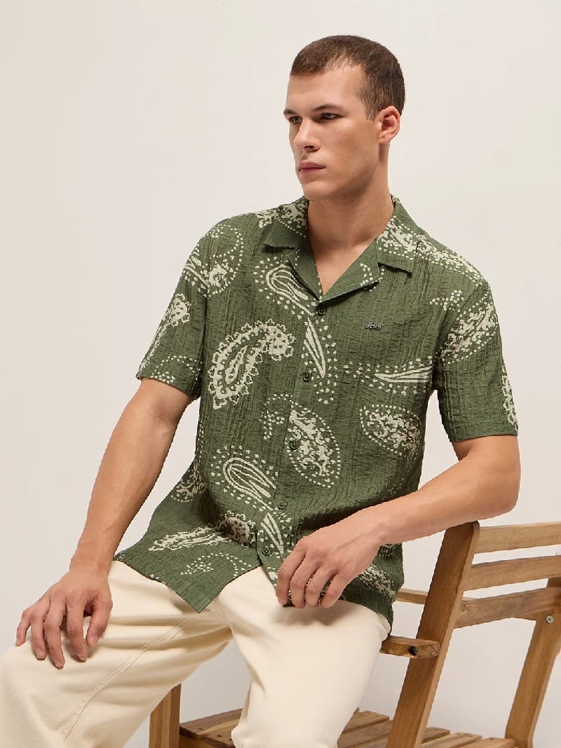 Men's Green Casual Printed Regular Fit Shirt