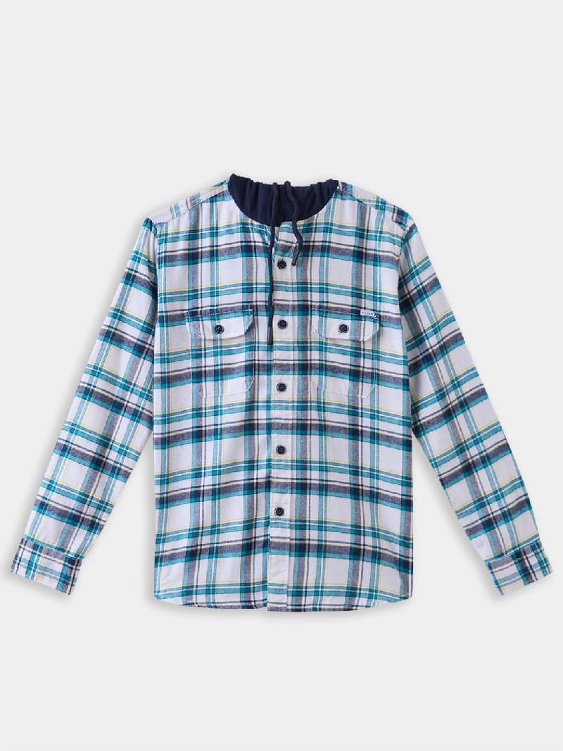 Boys White Casual Full Sleeves Checked Twill Shirt