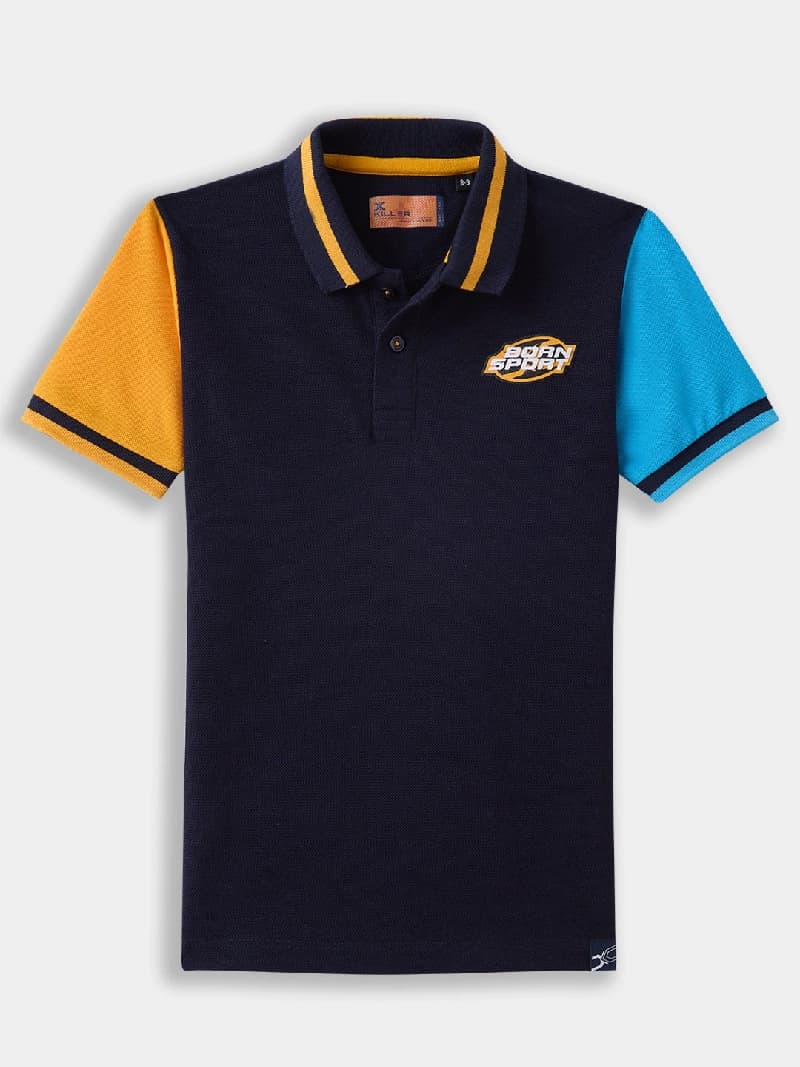 Boys Navy Casual Slim Fit Solid Half Sleeves Polo Tshirt