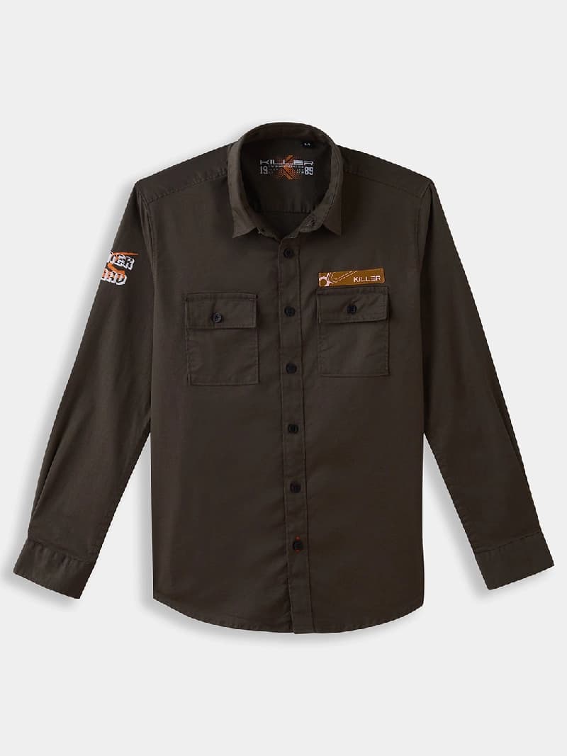 Boys Olive Casual Full Sleeves Graphic Twill Shirt