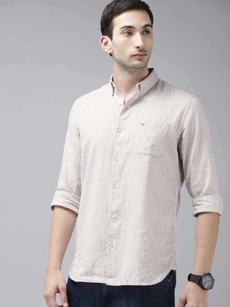 Men's Beige Casual Striped Regular Fit Cotton Shirt