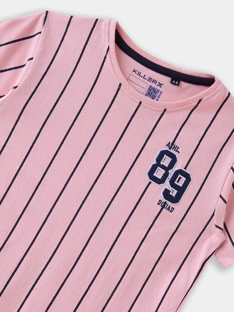 Boys Peach Casual Slim Fit Striped Half Sleeves Tshirt