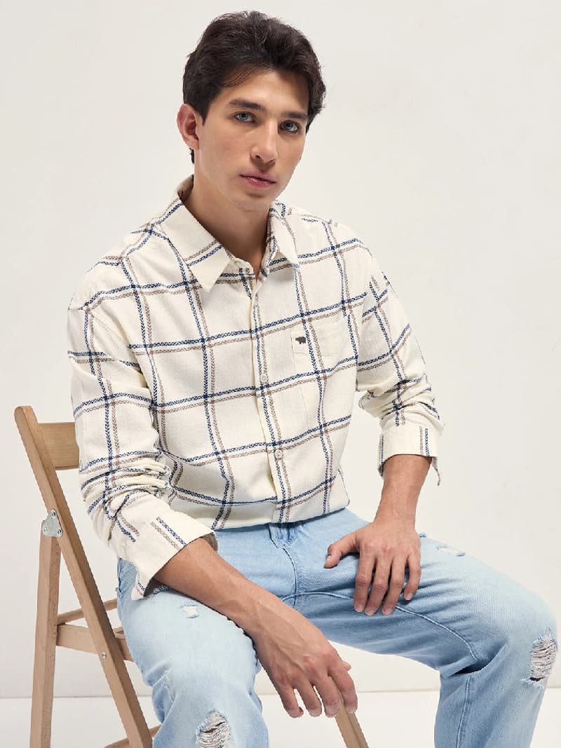 Men's Beige Casual Checked Regular Fit Cotton Shirt