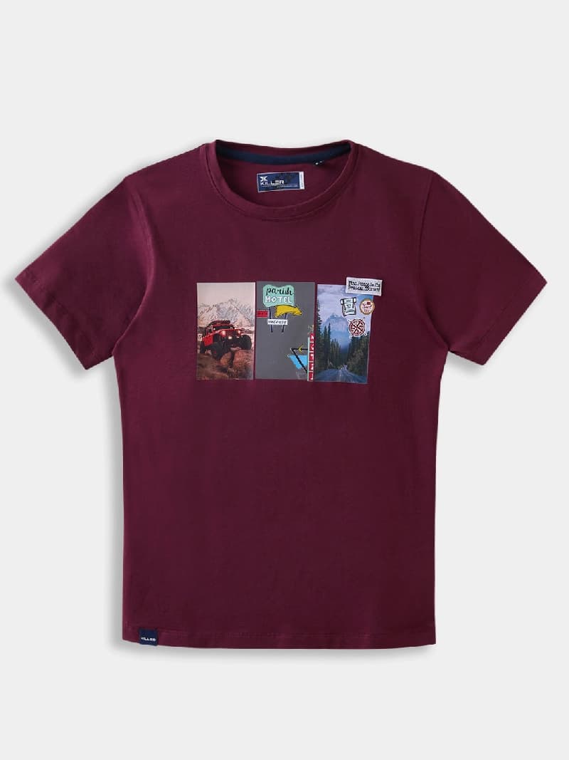 Boys Maroon Casual Slim Fit Graphic Half Sleeves Tshirt