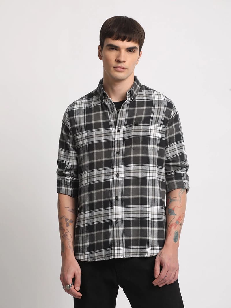 Men's Black Casual Checked Slim Fit Cotton Shirt