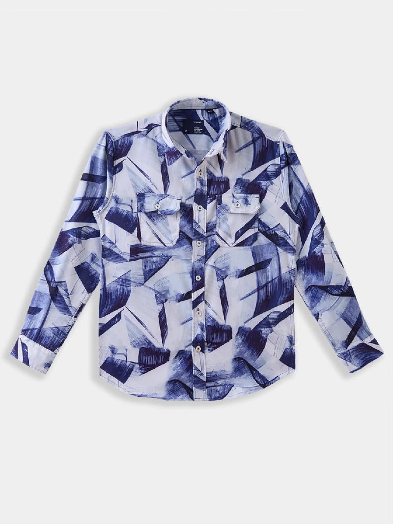 Boys Blue Casual Full Sleeves Printed Corduroy Shirt