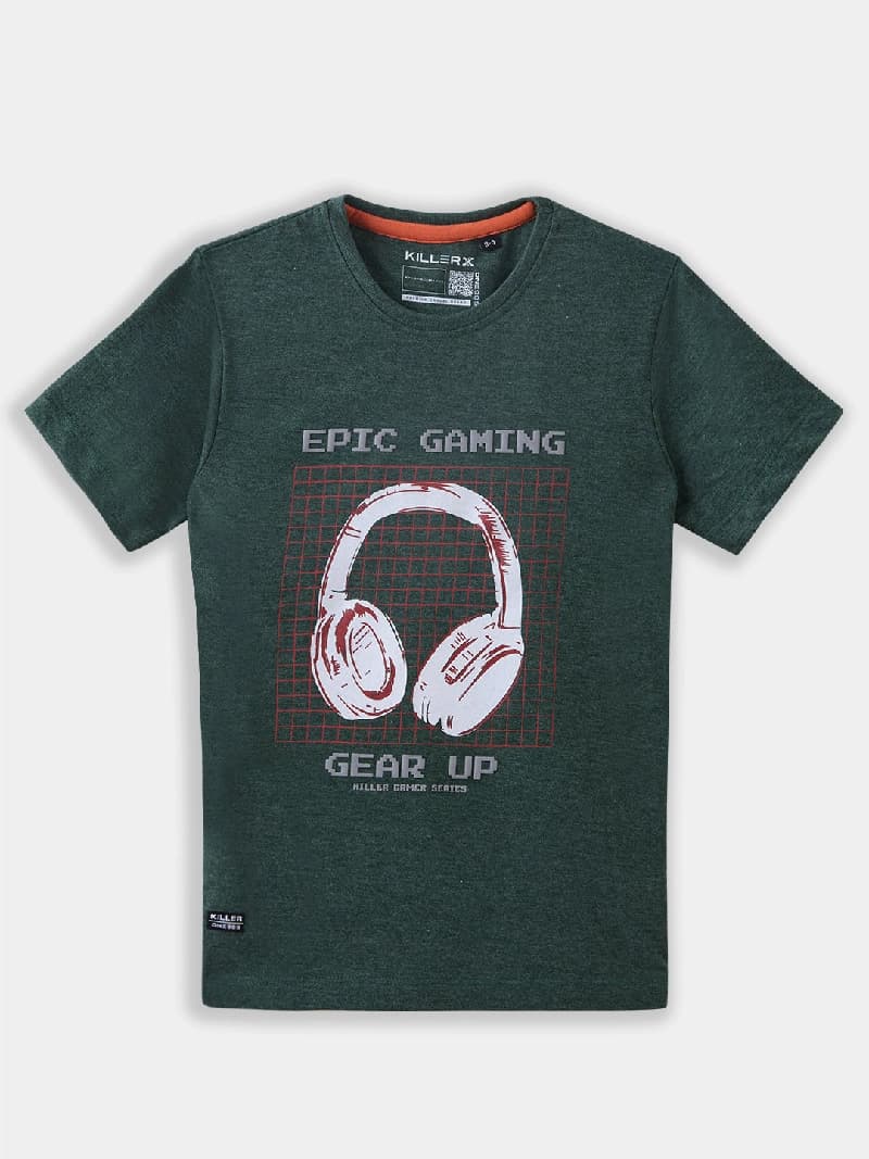 Boys Green Casual Slim Fit Graphic Half Sleeves Tshirt