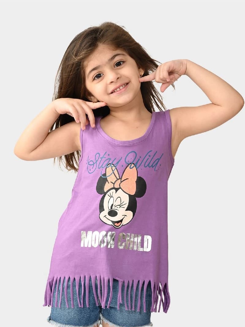 Girls Purple Casual Printed Regular Fit Sleeveless Tshirt