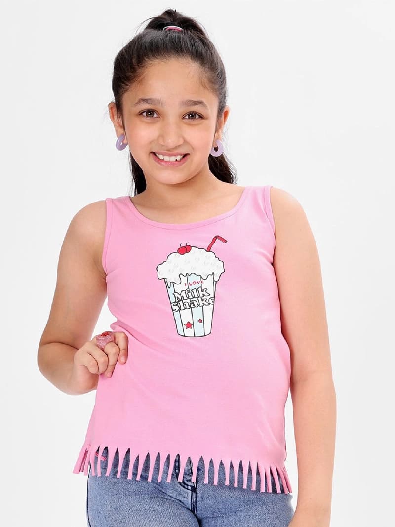 Girls Pink Casual Printed Regular Fit Sleeveless Tshirt