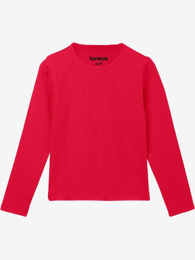 Girls Red Casual Solid Regular Fit Full Sleeves Tshirt