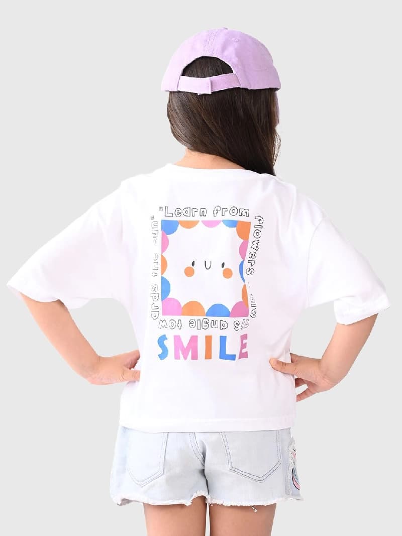 Girls White Casual Printed Regular Fit Half Sleeves Tshirt